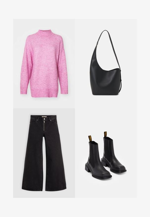 Vero Moda VMPHILLIS LONG - Trui - fuchsia pink; Wijdvallende jeans van zwarte denim met een ritssluiting aan de voorkant, vijf zakken en subtiele stikdetails. Soepele textuur en casual stijl.; Zwarte enkelboots van soepel leer met elastische zijkanten, een vierkante neus en een dikke hak. Voorzien van gele merklussen.; Zwarte leren hobo tas met een gladde textuur, kromme vorm en een enkele verstelbare schouderband; heeft een brede opening aan de bovenkant.