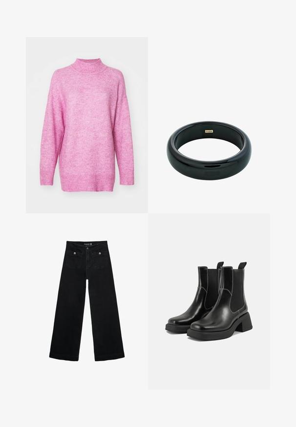 Vero Moda VMPHILLIS LONG  - Pullover - fuchsia pink; Jean's larges noires avec taille haute, dotés de deux poches avant et d'accents en métal sur les boutons. Le tissu a une texture lisse.; Bottes Chelsea en cuir noir avec un talon épais, des panneaux latéraux élastiques et des coutures blanches contrastantes. Fini texturé.; Bracelet jonc en résine noire avec une surface lisse et brillante et des bords arrondis. Présente un petit logo doré "Pilgrim" à l'intérieur.