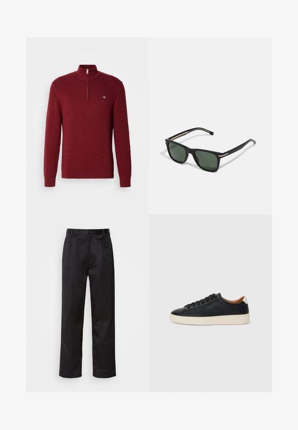 Pulôver vermelho tricotado com um padrão de diamante texturizado, gola alta e zíper de quarta parte. Apresenta punhos e bainha canelados. Detalhe de logótipo pequeno incluído.; Calças pretas feitas de um tecido suave, com fecho frontal por botão, pregas e pernas retas. Sem padrões ou acentos visíveis.; Tenis de couro preto com uma textura suave, sola de borracha bege, design de atar e um destaque no calcanhar em contraste.; BOSS Óculos de sol - black