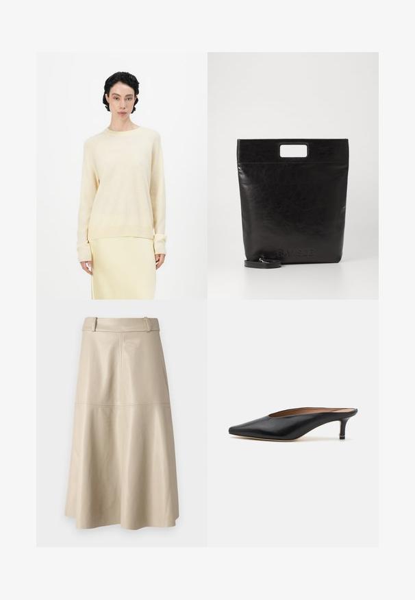 Lichtbeige trui met een ontspannen pasvorm, ronde halslijn en lange raglanmouwen. Zachte textuur, aangevuld met geribbelde manchetten en zoom.; Beige leren midi-rok met een gladde textuur, brede tailleband en uitlopende zoom; heeft gestikte naden voor extra detail.; Zwarte leren muiltjes met een puntige neus en een lage, blokhak. Glad oppervlak met een gestroomlijnd ontwerp. Open achterkant met minimale details.; Zwarte leren draagtas met een vierkant handvat, met een gestructureerde afwerking en een reliëflogo. Inclusief een afneembare schouderband.