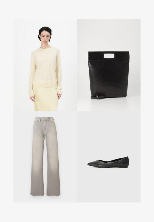 Světle béžový svetr s volnějším střihem, kulatým výstřihem a dlouhými raglánovými rukávy. Měkká textura doplněná žebrovanými manžetami a spodním lemem.; Šedé široké džíny s vybledlým vzhledem, zapínání na knoflík, pět kapsičkový design a prošívání podél švů.; Černé kožené baleríny s špičatou špičkou, nízkým podpatkem a hladkým povrchem. Minimální design s jemným bočním akcentem.; Černá kožená taška přes rameno se čtvercovou rukojetí, s texturovaným povrchem a embosovaným logem. Obsahuje odnímatelný popruh.