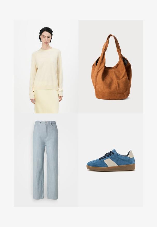 Vaaleanbeige neule, jossa on rento leikkaus, pyöreä pääntie ja pitkät raglanhiat. Pehmeä tekstuuri, jota täydentävät ribbikudotut hihansuut ja helma.; Vaaleansiniset suorat farkut, jotka on valmistettu denimistä. Sisältää viisi taskua, metallinappikiinnityksen ja hienovaraisen kulutustekstuurin.; Sinine sametine tennisaking, millel on beež nahast aktsent, tumedad paelad ja tekstureeritud kummitald; madal profiil ja ümar varvas.; Ruske nubukikuorinen olkalaukku, jossa on pehmeä pinta, kaareva muoto ja kaksi kahvaa. Ominaisuutena on minimalistinen muotoilu ilman näkyvää metalliosia tai koristeita.