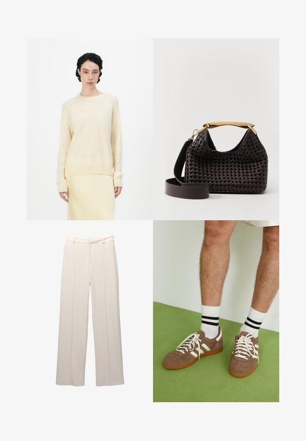 Helles beige Sweatshirt mit entspannter Passform, rundem Ausschnitt und langen Raglanärmeln. Weiche Textur, ergänzt durch gerippte Bündchen und Saum.; Weite Hose aus leichtem beigen Stoff mit glatter Textur. Verfügt über einen gefütterten Taillenbund, vordere Falten und keine sichtbaren Taschen.; Braune Wildleder-Sneaker mit weißen Akzenten und Schnürsenkeln. Gummisohle in Kautschuk-Optik. Getragen mit weißen Socken, die schwarze Streifen haben. Grüner strukturierter Fußboden.; Elleme BOOMERANG WOVEN - Handtasche - brown