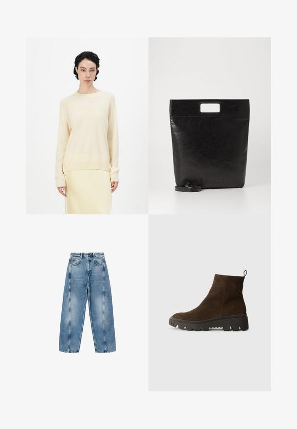 Helles beige Sweatshirt mit entspannter Passform, rundem Ausschnitt und langen Raglanärmeln. Weiche Textur, ergänzt durch gerippte Bündchen und Saum.; Hellblaue Denim-Jeans haben eine lockere Passform, große Taschen und kontrastierende Nähte. Der Stoff hat eine ausgeblichene Optik mit einer glatten Textur.; Braune Wildleder-Ankle-Boots mit einer stabilen schwarzen Gummisohle, leichtem Absatz und einer Schlaufe auf der Rückseite für einfaches Anziehen.; Schwarze Leder-Tote-Tasche mit einem quadratischen Griff, ausgestattet mit einer strukturierten Oberfläche und geprägtem Logo. Inklusive abnehmbarem Tragegurt.