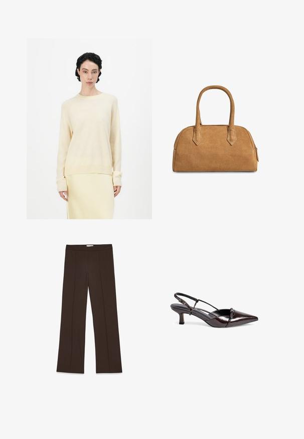 Svetlo bež pulover z udobnim krojem, okroglim izrezom in dolgimi raglan rokavi. Mehek material je obogaten z rebrastimi manšeti in robom.; Rjave, široke hlače iz gladkega materiala; vsebujejo sprednje nabore in standardni pas. Minimalističen dizajn brez vidnih zaponk.; Rjavi patent usnjeni slingback čevelj s koničastim nosom, majhnim blokom peto, obliko čezščevljenka in okrasno pentljo na sprednjem delu.; Torbica iz brušenega usnja v bež barvi, s strukturirano obliko, ki ima dva ročaja, trigonske izreze ter zadrgo po vrhu za zapiranje.