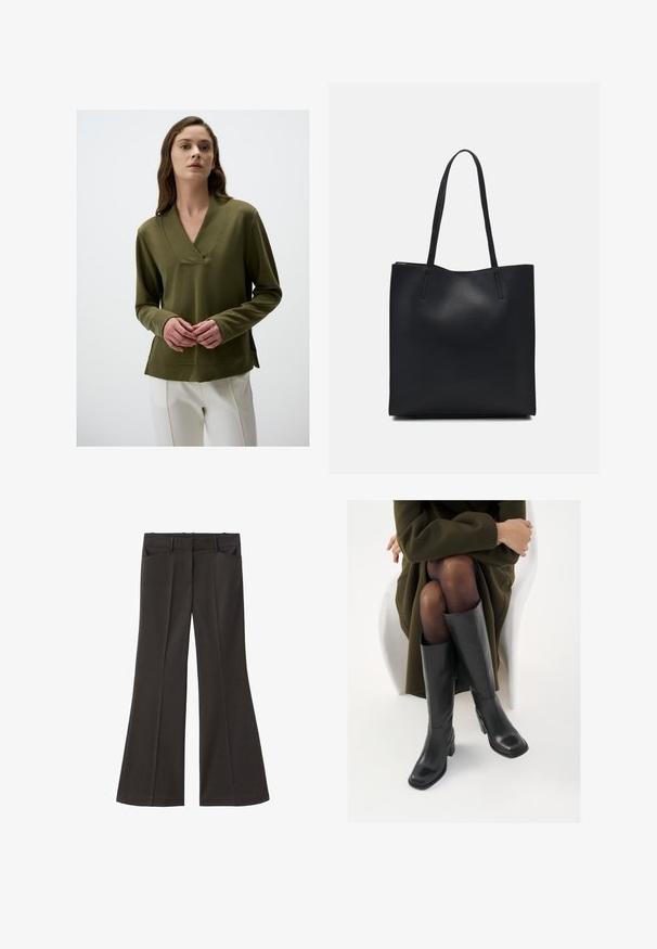 Olivenfarbener langärmliger Pullover mit V-Ausschnitt, weichem Material und seitlichen Schlitzen, kombiniert mit cremefarbener Hose.; Schwarze, weit geschnittene Hosen mit hoher Taille; verfügt über zwei Fronttaschen und eine glatte Stoffoberfläche. Geeignet für verschiedene Anlässe.; Knöchelhöhe schwarze Lederstiefel mit quadrater Spitze und Blockabsatz, gezeigt mit einem Modell, das einen olivgrünen Mantel trägt. Glatte Textur, minimale Details.; Schwarze Laptoptasche aus Leder mit glatter Textur, rechteckiger Form und zwei langen Griffen. Keine sichtbaren Beschläge oder Verzierungen.