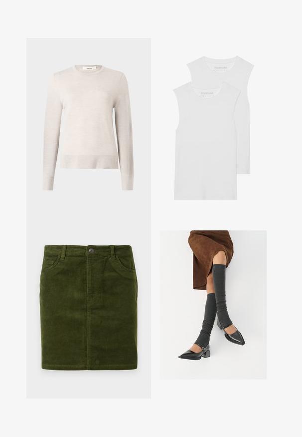 Licht beige lange mouwen trui gemaakt van zachte gebreide stof. Heeft een ronde halslijn en ribgebreide manchetten en zoom. Eenvoudig, klassiek ontwerp.; Twee witte mouwloze T-shirts van zachte katoenstof, met een ronde halslijn en zonder zichtbare patronen of hardware.; Donkergroene corduroy rok met een rechte snit, voorzien van een vijf-pocket ontwerp en een metalen knoopsluiting in de taille.; Zwarte gepatineerde leren pumps met een puntige neus, een blokhak en een enkelbandje, gecombineerd met grijze geribde beenwarmers en een bruine suède rok.