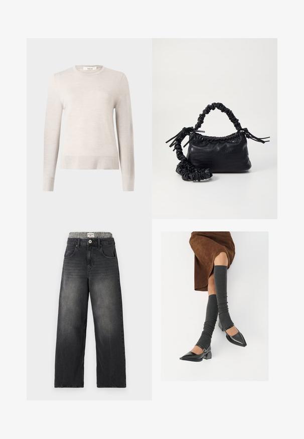Svetlo bež pulover z dolgimi rokavi, izdelan iz mehkega pletenega materiala. Ima okroglo izrez in rebraste manšete ter rob. Enostavna, klasična zasnova.; Črne denim široke hlače z pasom v vzorcu houndstooth. Lastnosti vključujejo sprednje žepe in zapiranje na gumb. Imajo obrabljeno teksturo.; Črne lakirane čevlje s pointy prsti in blok peto ter z naramnicami za gleženj, ki jih kombiniramo s sivimi rebrastimi nogavicami in rjavim suknjičem iz usnja.; Črna torbica iz umetnega usnja s krokodilovo teksturo, z zvitim vrhom in zmečkano naramico. Zdi se mehka in kompaktna v oblikovanju.