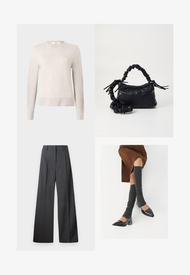Világos bézs, hosszú ujjú pulóver, puha kötött anyagból készült. Kerek nyakkivágással és bordás mandzsettákkal, valamint hemrajzzal rendelkezik. Egyszerű, klasszikus dizájn.; Széles szárú nadrág sötétszürke anyagból, magas derekú, egyes redőkkel, sima textúrával és tiszta befejezéssel a szegélyeken.; Fekete lakk bőrből készült, hegyes orrú cipők, tömbsarkúakkal és bokapánttal, szürke bordás lábszármelegítőkkel és barna velúr szoknyával párosítva.; Fekete műbőr kézi táska krokodil bőr textúrával, összehúzható tetejű és gyűrt pánttal. Lágy és kompakt dizájnúnak tűnik.
