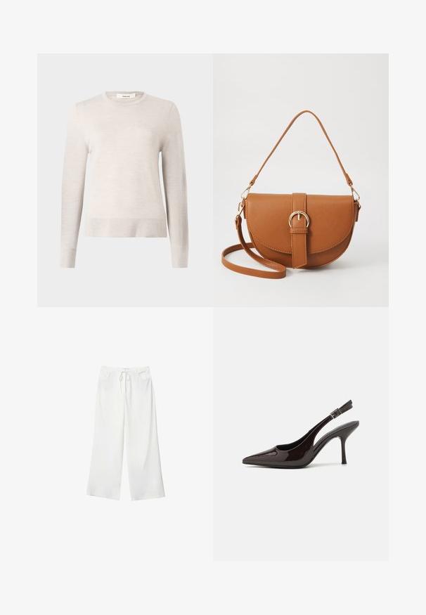 Hellbeige langärmliger Pullover aus weichem Strickmaterial. Mit rundem Ausschnitt und gerippten Bündchen und Saum. Einfaches, klassisches Design.; Weiße, weite Hosen aus weichem Stoff, mit einem Kordelzug in der Taille und zwei vorderen Taschen. Glatte Textur und keine sichtbaren Muster.; Slingback-Pumps aus glänzendem dunklen braunen Lackleder, mit spitzer Zehenpartie, offenen Seiten und verstellbarem Knöchelriemen.; Braune Leder-Crossbody-Tasche mit geschwungener Form, goldfarbenen Beschlägen und einer Schnallenakzentuierung. Verfügt über einen abnehmbaren Schultergurt.
