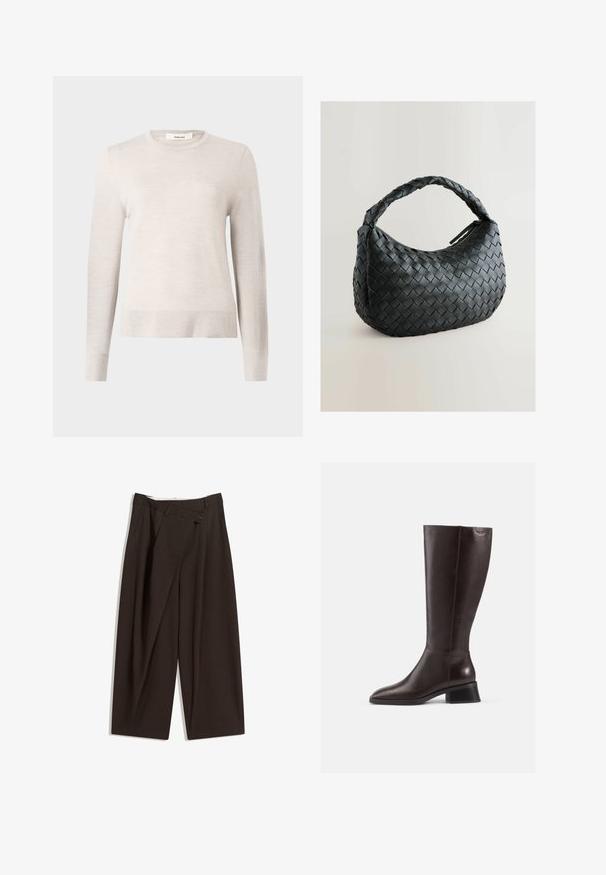 Vaaleanbeige pitkähihainen neulepaita, joka on valmistettu pehmeästä neuloksesta. Ominaisuuksiin kuuluu pyöreä pääntie sekä ribbireunat hihansuissa ja helmassa. Yksinkertainen, klassinen muotoilu.; Tummanruskeat leveälahkeiset housut, joissa on korkea vyötärö, yhden napin sulkea ja pleatattu etuosa. Valmistettu kevyestä kankaasta.; Knee-high ruskeat nahkasaappaat, joissa on sileä pinta, pyöreä kärki ja pinoontuva musta korko. Yksinkertainen muotoilu, jossa on vain vähän metalliosia.; Mustakudottu käsilaukku, jossa on pyöreä muoto, tekstuuri pinta ja paksu punottu kahva. Varustettu vetoketjulla turvallista säilytystä varten.