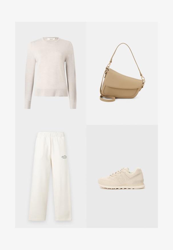 Light beige long-sleeve sweater made of soft knit material. Features a round neckline and ribbed cuffs and hem. Simple, classic design.; Cream-colored wide-leg pants made from soft material with an elastic waistband. Features subtle green embroidered text on the front.; Beige New Balance sneaker with suede and mesh upper, lace-up closure, padded collar, and textured rubber sole on a white background.; Even&Odd Handbag - beige