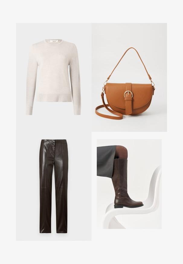 Suéter de manga longa bege claro, feito de material de malha suave. Apresenta um decote redondo e punhos e bainha canelados. Design simples e clássico.; Calças de couro de perna straight, castanho-escuro, com um acabamento suave e detalhes de costura subtil ao longo da frente.; Bota de couro castanha até ao joelho com bico arredondado, textura suave e detalhes de costura mínimos, colocada contra um fundo claro em uma cadeira branca.; Bolsa transversal de couro castanho com um formato curvado, ferragens douradas e um detalhe de fivela. Inclui uma alça de ombro destacável.