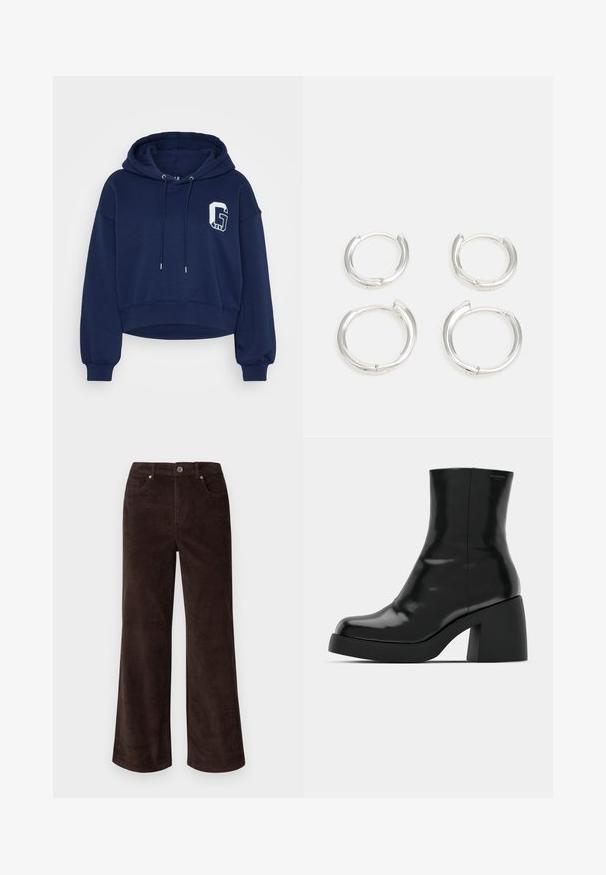 GAP Petite ABBREV HOOD - Sportinis megztinis - navy; Vero Moda Petite VMTESSA PANTS - Kelnės - chocolate torte; Juodi kulkšniniai batai su blizgiu paviršiumi, kvadratiniu pirštu ir storu blokiniu kulnu. Dizainas pasižymi be siūlių siluetu ir minimalia ženklinimo. ; Sidabriniai auskarai žiedai, turintys lygaus, blizgaus paviršiaus. Du poros, su šiek tiek skirtingais dydžiais. Paprastas, apvalus dizainas, lengvi.