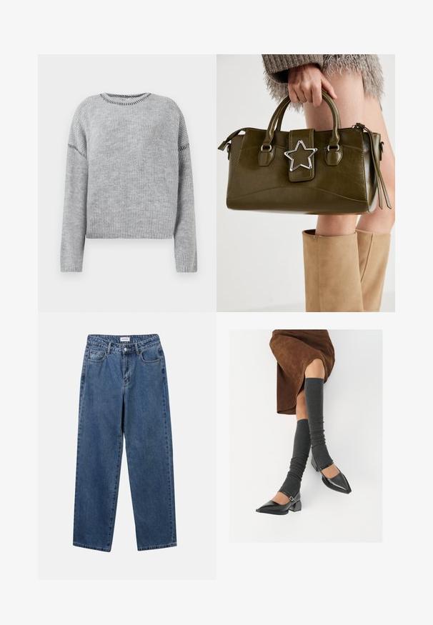 Gray knitted sweater with a round neckline and long sleeves. Features ribbed texture and contrasting stitch details along the seams.; Classic blue denim jeans with a straight-leg design, five pockets, and a button closure. Features a medium wash and sturdy texture.; Black patent leather pointed-toe shoes with a block heel and ankle strap, paired with gray ribbed leg warmers and a brown suede skirt.; Olive green faux leather handbag with silver star accent, dual handles, and a zip closure. Textured surface and structured shape.