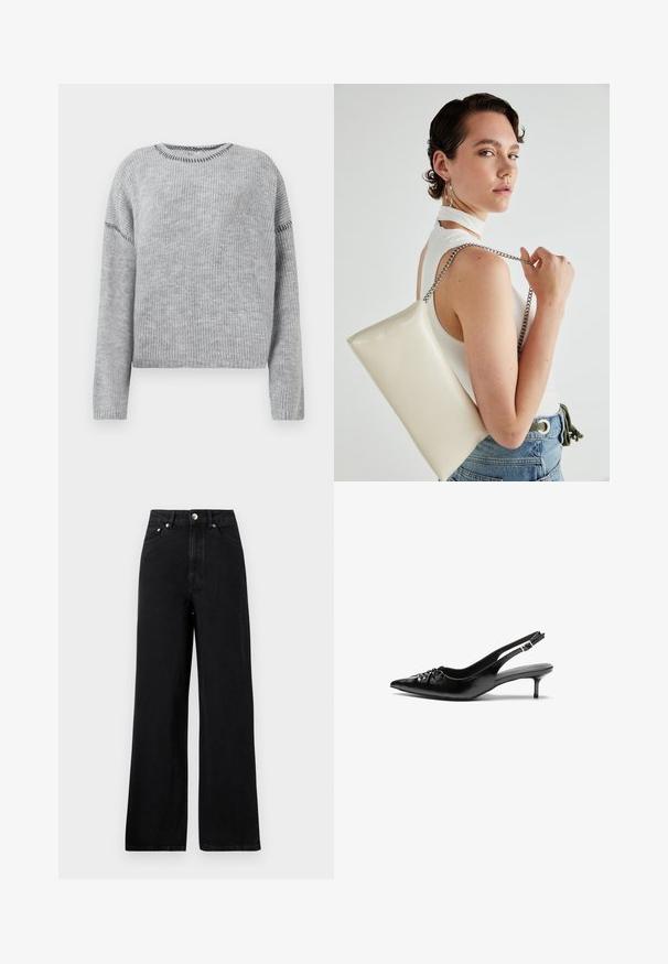 Szürke kötött pulóver kerek nyakkivágással és hosszú ujjakkal. Bordás textúrával és ellentétes varrású részletekkel a varratok mentén.; Magas derekú fekete farmernadrág, széles lábú dizájnnal, öt zsebével és ezüst színű fém részletekkel. Általánosságban sima tapintású.; Fekete bőrből készült slingback magassarkú cipők hegyes orral, kis francia sarokkal és díszes csomóval az elején. Az egész felületen sima textúra.; Fehér, téglalap alakú, fényes anyagból készült clutch táska, ezüst láncos pánttal. A modell pózol, bemutatva a táskát egy egyszínű háttér előtt.