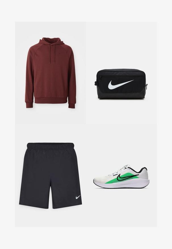 Bordeauxfarbene Langarm-Hoodie mit vorderen Kordeln, gerippten Bündchen und Saum sowie kleinem Nike-Swoosh-Logo auf der linken Brust.; Schwarze sportliche Shorts aus leichtem Material mit einem elastischen Bund. Auf der unteren linken Seite befindet sich ein kleines weißes Nike-Logo.; Weißer Sportschuh mit grünem Akzent, schwarzem Logo, oberer Schicht aus Netzmaterial, gepolsterter Sohle und abgerundetem Absatz. Verfügt über Schnürsenkel und kontrastierende Details.; Schwarzes Nike Kulturbeutel mit glatter Textur, ausgestattet mit einem weißen Swoosh-Logo, Oberreißverschluss und einer Seitentasche.