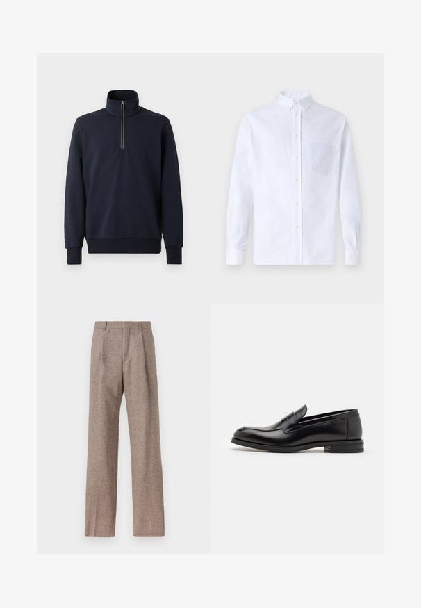 Navy pullover with a zip collar, featuring a multicolored stripe on the zipper, made from a soft, smooth fabric with long sleeves.; White long-sleeve button-up shirt made of cotton, featuring a chest pocket with tonal embroidery, a collar, and button cuffs.; Brown, high-waisted trousers made of textured fabric. Features wide legs and two front pleats for structure. Neat finish with no visible hardware.; Black leather loafers with a smooth texture, rounded toe, and a decorative strap across the vamp. Low stacked heel, minimalist design.