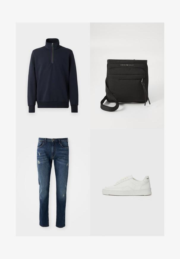 Navy pullover with a zip collar, featuring a multicolored stripe on the zipper, made from a soft, smooth fabric with long sleeves.; Dark blue denim jeans with slim fit, slight distressing on thighs and knees, classic five-pocket design, and button closure.; White leather sneaker with a smooth finish, round toe, flat laces, and a textured sole. Features a subtle logo on the heel.; Black Emporio Armani crossbody bag with front zipper pocket, adjustable strap, and logo detail on textured fabric.