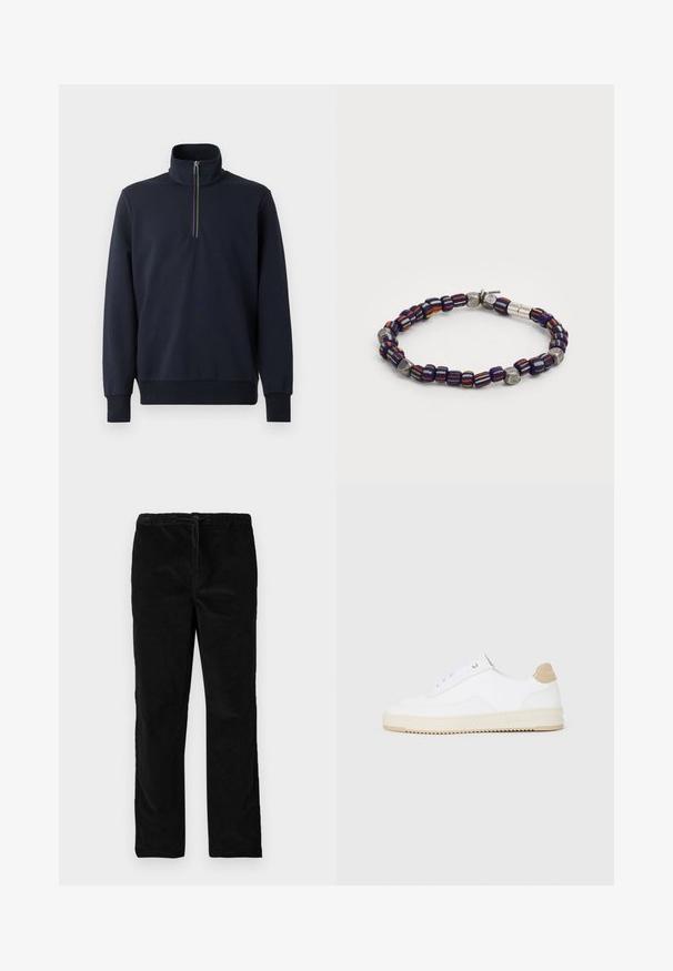 Pullover azul-marinho com colarinho com zíper, apresentando uma faixa multicolorida no zíper, feito de um tecido suave e macio, com mangas longas.; Calças de veludo pretas de pernas retas com cintura elástica e cordão frontal, exibidas contra um fundo branco liso.; Sapatilhas brancas de cano baixo com parte superior em couro texturizado, sola cream estriada e detalhe em tan no calcanhar. Apresenta atacadores brancos e detalhe do logótipo no calcanhar.; Pulseira de contas com contas listradas em azul marinho, laranja e amarelo, com acabamentos metálicos. Variações de contas lisas e texturizadas criam interesse visual.