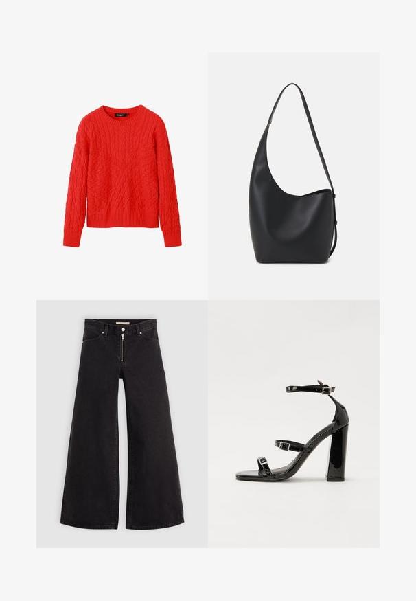 Suéter de punto trenzado rojo con cuello redondo y puños acanalados. Presenta patrones texturizados en todo su diseño, enfatizando la profundidad y el detalle.; Jeans de pierna ancha en denim negro con cierre frontal, diseño de cinco bolsillos y detalles de costura sutiles. Textura suave y estilo casual.; Sandalias de tacón de charol negro con punta cuadrada, correas en el tobillo y hebillas plateadas. Presentan un tacón grueso para mayor estabilidad.; Bolso tipo hobo de cuero negro con una textura suave, forma curvada y una sola correa ajustable; presenta una amplia apertura en la parte superior.
