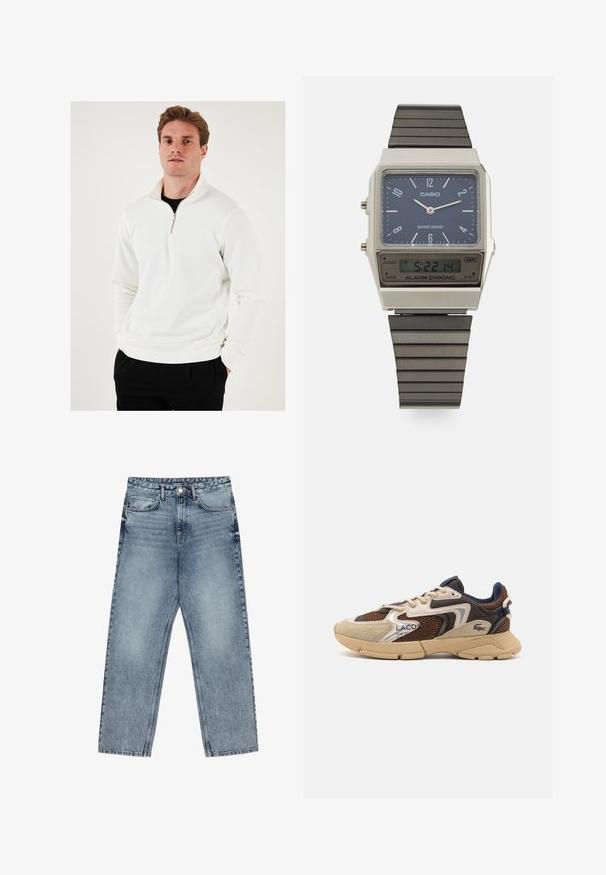 Sweatshirt blanc zippé avec un col haut, tissu doux, manches longues et coupe décontractée, associé à un pantalon noir.; Jean en denim bleu clair avec une coupe droite, couture visible, design à cinq poches et fermeture à bouton à la taille.; Sneaker beige et marron avec des panneaux en maille texturée, des accents en daim et une semelle en caoutchouc. Présente un design à lacets et des détails de marque.; Montre numérique Casio avec un cadran bleu, un boîtier en acier inoxydable et un bracelet en caoutchouc noir à couches. Affiche l'heure et les réglages de l'alarme. Résistante à l'eau.