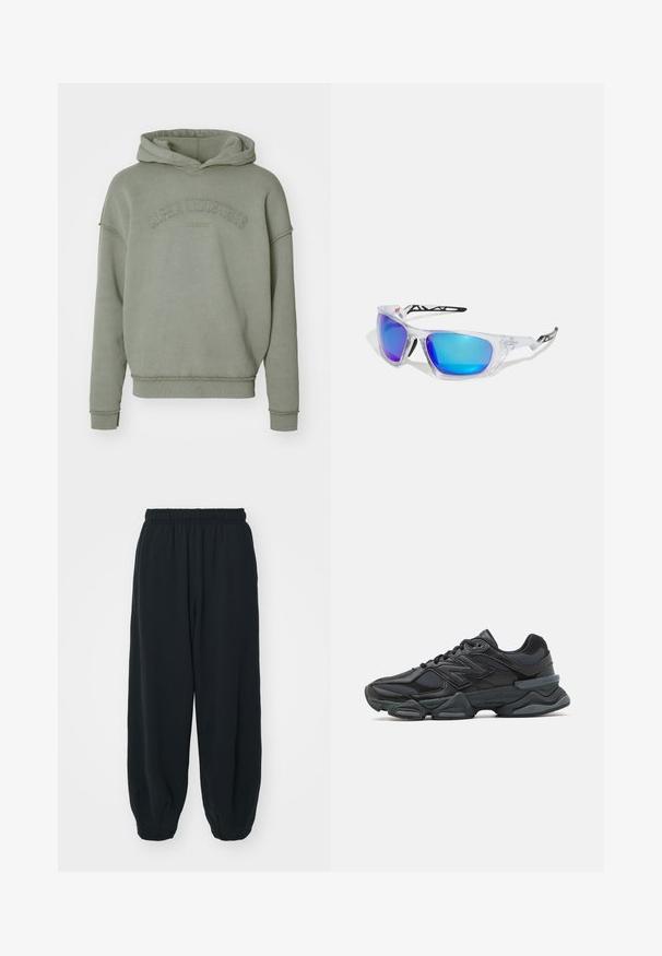 Olivově zelená mikina s volným střihem, která má žebrovaný lem, manžety na rukávech a vyražené logo "Alpha Industries" na hrudi.; Černé teplákové kalhoty s elastickým pasem, volným střihem, manžetami na kotnících, hladkým povrchem a bez viditelných vzorů či kovových detailů.; Černá běžecká bota s kombinací síťoviny a syntetických materiálů, masivní podešev, zakřivený design a výrazné logo na boku.; Sportovní sluneční brýle s průhlednými obroučkami, modro-fialovými zrcadlovými skly, uhlovým designem a černými akcenty na spáncích.