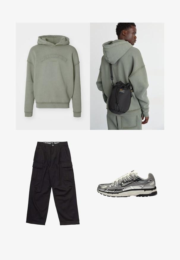 Olivovo zelená mikina s uvoľneným strihom, s rebrovaným lemom, manžetami a vyrazeným logom "Alpha Industries" na hrudi.; Čierne cargo nohavice z bavlny s uvoľneným strihom, viacerými bočnými vreckami a plochým pásom s viditeľnými detailmi.; Strieborná a čierna športová obuv s vrchnou časťou z mäkkej textílie a syntetického materiálu, objemový dizajn a textúrovaný povrch. Obsahuje polstrovaný golier a gumovú podrážku.; Čierny vak na šnúrku vyrobený z odolného materiálu, s logom na nášivke, nosený cez telo v kombinácii s svetlozelenou mikinou.