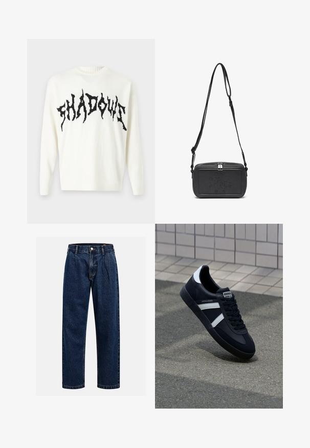 Only & Sons ONSRANDY LIFE CREW - Maglione - cloud dancer/black; Jeans in denim blu scuro con design a gamba dritta. Presentano cuciture visibili, una chiusura con bottone e pieghe frontali per un tocco di dettaglio in più.; Sneaker neri in pelle con strisce bianche, suola in gomma texturizzata e allacciatura frontale. Presenta un'etichetta con il marchio sulla linguetta.; Borsa a tracolla nera in pelle con chiusura zip, logo impresso sul davanti e tracolla regolabile. Texture liscia con forma rettangolare.