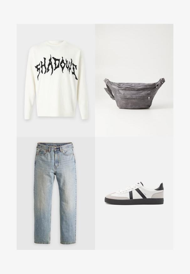 Only & Sons ONSRANDY LIFE CREW - Strickpullover - cloud dancer/black; Helle blaue Jeans mit hoher Taille, Frontknopf, Reißverschluss und fünf Taschen-Design, flach auf einem neutralen Hintergrund ausgelegt.; Weiße Sneaker mit schwarz- und grau-aczenten, ausgestattet mit einer strukturierten grauen Zehenkappe, schwarzer Gummi-Sohle und flachen weißen Schnürsenkeln. Sauberes Design, minimalistische Stil.; Graue Wildleder-Gürteltasche mit runder Form, zwei mit Reißverschluss verschlossenen Fächern und verstellbarem Trageriemen. Mit metallischen Hardware-Akzenten.