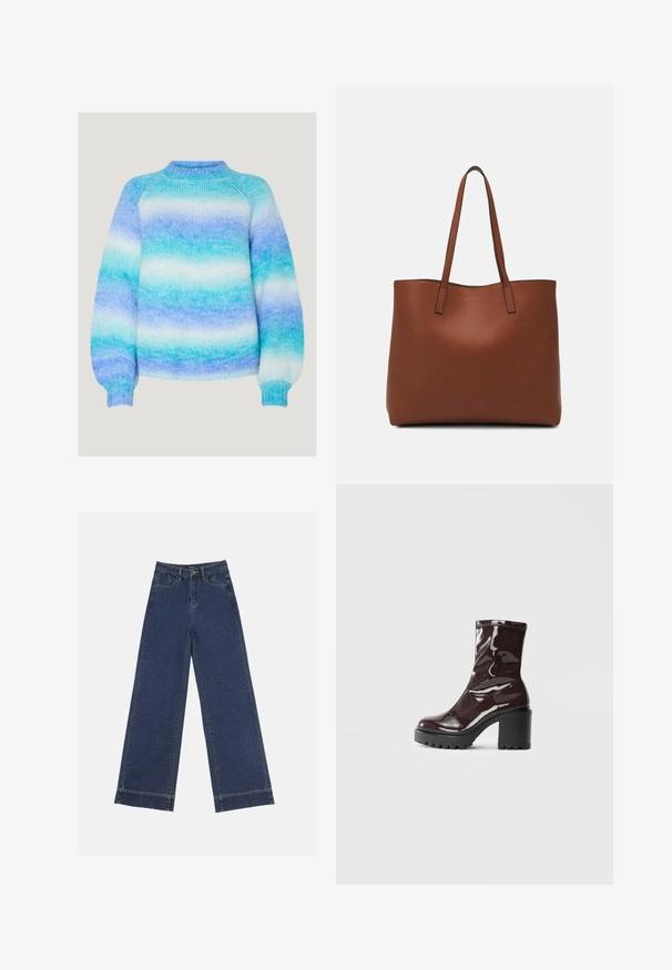 Könnyű kötött pulóver, ami kék és fehér árnyalataiban pompázik; magas nyakkivágással és bordázott mandzsettákkal rendelkezik, hogy laza fazonú legyen.; Sötétkék denim széles lábú farmernadrág. Öt zsebbel, övhurkokkal és nyers szegéllyel az alján, amelyen látható varrási részletek találhatók.; Fényes bordó bokacsizma vastag fekete sarokkal, sima felülettel és egyszerű dizájnnal. Nincsenek látható zárak vagy minták.; Barna bőr vászontáska sima textúrával, nyitott tetejű dizájnnal és két vállpánttal. Minimális varrással és látható hardver nélkül készült.