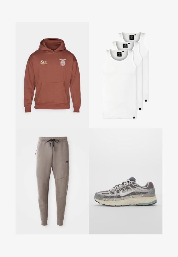 Sweat-shirt à capuche marron en mélange de coton, avec une poche avant et un logo brodé blanc représentant un aigle et du texte sur la poitrine.; Trois débardeurs blancs côtelés en coton. Présentent un col rond et de petites étiquettes noires près de l'ourlet. Disponibles en plusieurs tailles.; Pantalon de survêtement gris Nike avec une taille élastique à cordon de serrage, des jambes fuselées, des poches latérales et un détail de couture distinct. Tissu doux et texturé.; Chaussure de sport grise avec une tige en mesh et en daim, accents blancs, semelle rembourrée et un design distinctif avec des éléments réfléchissants.