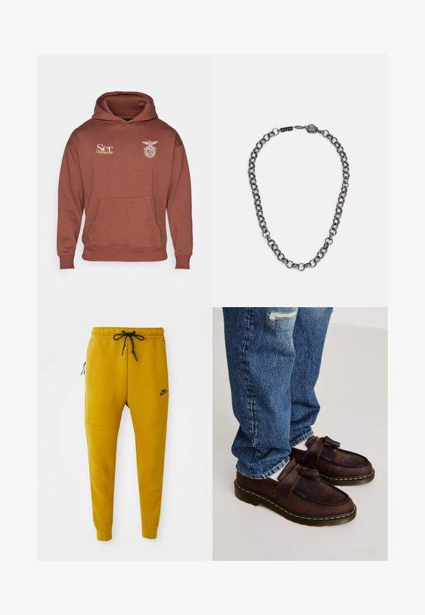 Sudadera con capucha marrón hecha de una mezcla de algodón, con un bolsillo frontal y un logo bordado en blanco con un águila y texto en el pecho.; Tres camisetas sin mangas de algodón de color blanco con canalé. Cuentan con cuello redondo y pequeñas etiquetas negras cerca del dobladillo. Disponibles en múltiples tamaños.; Joggers de Nike en un vibrante color mostaza, fabricados con un tejido suave. Cuentan con una cinturilla elástica con cordón, bolsillos laterales con cremallera y piernas ajustadas.; Mocasines de cuero marrón con acentos de borlas, presentando un diseño cosido y una suela de goma amarilla. Combinados con unos vaqueros azules desgastados.; Collar de cadena de metal con eslabones alargados en un color gris oscuro. Presenta un acento geométrico y un cierre con detalle de marca.