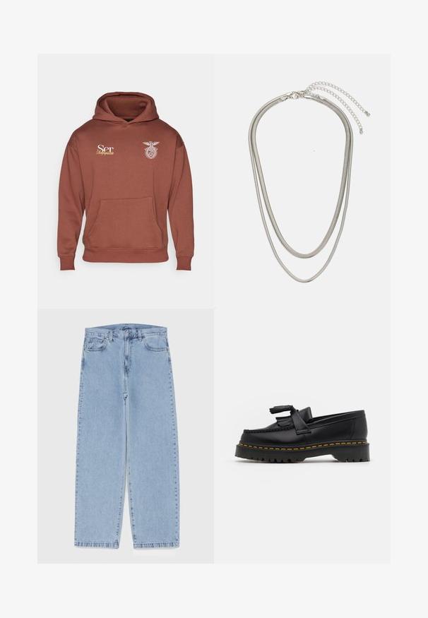 Sweat-shirt à capuche marron en mélange de coton, avec une poche avant et un logo brodé blanc représentant un aigle et du texte sur la poitrine.; Jean en denim bleu clair avec une coupe droite, présentant une taille mi-haute, cinq poches, et une fermeture à bouton et à fermeture éclair.; Mocassin en cuir noir avec un accent à frange, doté d'une semelle épaisse noire et d'une couture jaune le long du bord. Fini texturé.; Collier en métal argenté à trois couches présentant des chaînes flexibles et élégantes avec un léger éclat, sécurisé par un fermoir en forme de homard et une chaîne ajustable.