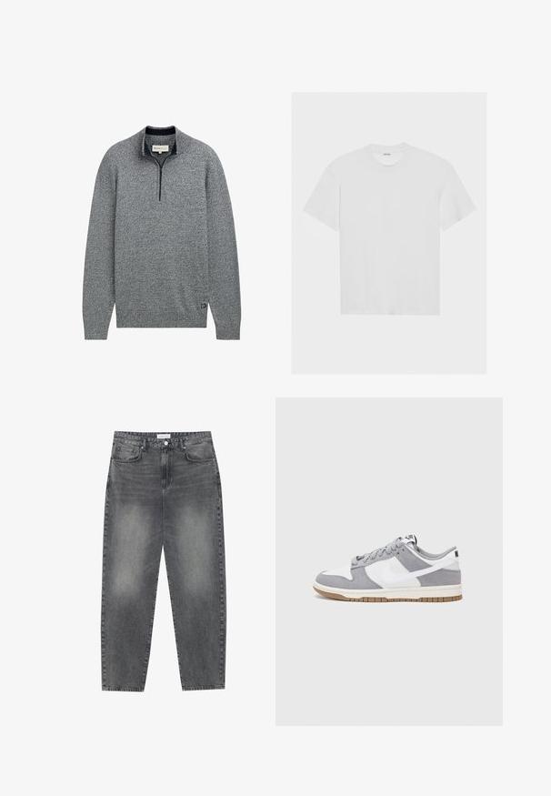 Szürke pulóver, cipzáros gallérral, texturált kötött mintával, kék szegéllyel és logóval díszítve.; Fehér pamut póló rövid ujjakkal, kerek nyakkivágással és laza szabással. Simák a textúrája, és nincsenek látható minták vagy díszítések.; Magasan szabott, bővebb szabású farmernadrág fakó fekete denim anyagban. Öt zsebbel, övhurkokkal és tiszta, egyenes lábszár dizájnnal rendelkezik.; Szürke és fehér sportcipő, velúr és bőr felsőrésszel, kerek orral, lapos fűzőkkel és gumitalppal, amelyen rágógumi színű díszítés található.