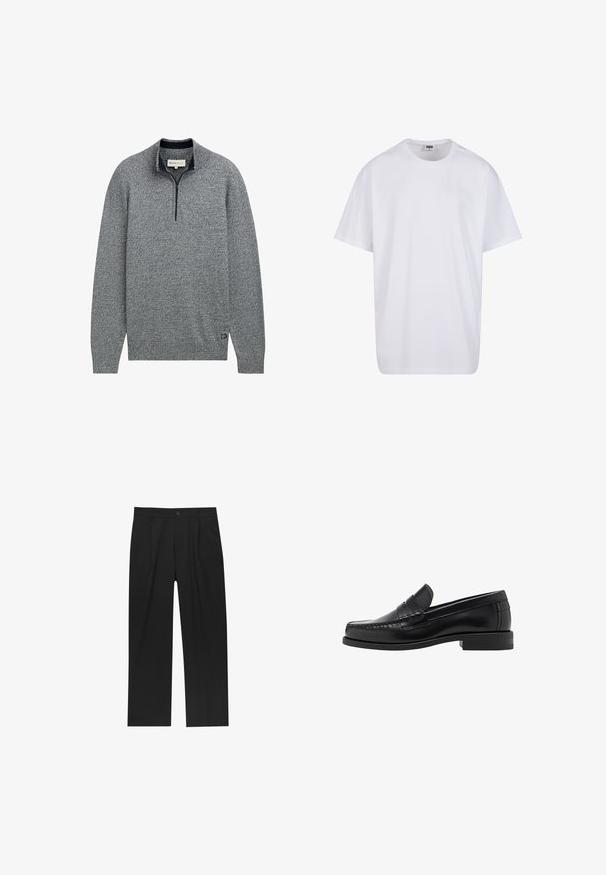 Szary sweter z zipem przy kołnierzu, charakteryzujący się teksturowanym wzorem dzianiny oraz niebieskim akcentem na dolnym brzegu z detalem logo.; Biała bawełniana koszulka z krótkimi rękawami, okrągłym dekoltem, luźnym krojem i bez widocznych logo lub wzorów. Gładka tekstura i minimalistyczny design.; Czarne spodnie o prostym kroju, wykonane z gładkiego materiału. Posiadają zakładki z przodu i pojedyncze zapięcie na guziki w pasie.; Czarne skórzane mokasyny o gładkim wykończeniu, ze stębnowaniem na nosie i niskim obcasem, zapewniającymi komfort i styl.