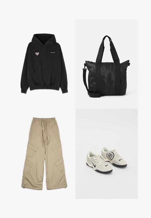 Černá mikina s kapucí vyrobená z měkké látky, s přední kapsou, žebrovanými manžetami a lemem, a srdcovým motivem s textem "PEGADOR" v šedé barvě.; Béžové cargo kalhoty s elastickým pasem, několika bočními kapsami a volným střihem. Vyrobeny z lehké, hladké tkaniny se švy.; Nike tenisky s béžovým a šedým texturovaným svrškem, černými akcenty, velkým logem "90" a bílým šněrováním. Černá podrážka.; Černá taška přes rameno s texturovanou tkaninou, dvojitými rukojeťmi a odnímatelným ramenním popruhem. Disponuje zipovým uzávěrem pro bezpečné uložení.