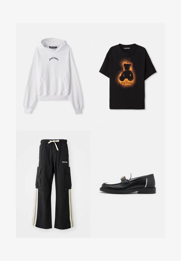 Baltas medvilninis džemperis su kišene priekyje, raštuotais rankogaliais ir apačia. Savybė - juodas išsiuvinėtas "Palm Angels" logotipas ant krūtinės.; Juodas medvilnės marškinėlis su oranžine meškos siluetu ir tekstūrinio halo efektu. Priekyje yra užrašas "MEŠKĄ TURĖK KOMPO".; Juodos krovinių kelnės su elastinga juosmens juosta ir raišteliu, turinčios kremines šonines juosteles, kelis kišenes ir logotipo detalę priekyje.; Juodas odinis loaferis su apvaliu pirštu, baltomis detalėmis ir auksinėmis detalėmis ant priekinės dalies. Turi tekstūruotą detalę ir sluoksniuotą kulną.