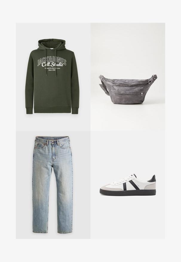 Dark green hoodie featuring a kangaroo pocket, drawstring hood, and white printed logo text. Made from soft, textured fabric with ribbed cuffs.; Light blue denim jeans with high waist, front button, zipper, and five-pocket design, laid flat on a neutral background.; White sneaker with black and gray accents, featuring a textured gray toe cap, black rubber sole, and flat white laces. Clean design, minimalist style.; Gray suede fanny pack with a rounded shape, two zippered compartments, and adjustable strap. Features metal hardware accents.