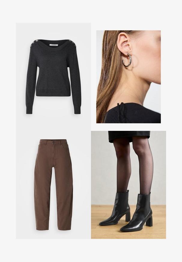 Dark gray sweater with a wide neckline, long sleeves, and decorative buttons on the shoulder. Made of soft fabric with a smooth texture.; Brown straight-leg pants with front button and zipper, belt loops, and side pockets, displayed on a white background.; Black leather ankle boots with a pointed toe, chunky square heel, and sleek design. Features elastic side panels for easy wear.; Silver hoop earring with a polished finish, featuring small gold accent details and a round shape, worn on the lobe.