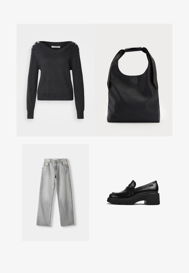 Dunkelgrauer Pullover mit weitem Ausschnitt, langen Ärmeln und dekorativen Knöpfen an der Schulter. Hergestellt aus weichem Stoff mit glatter Textur.; Helle graue Jeans aus Denim mit geradem Bein, ausgestattet mit zwei vorderen Taschen, einem Knopfverschluss und subtilen Abnutzungen für Struktur.; Schwarze Leder-Loefer mit klobigem Absatz, dicker Sohle und einem Riemen über der Oberseite, seitlich auf einem weißen Hintergrund gezeigt.; Schwarze Leder-Hobo-Tasche mit einem einzelnen, weichen, abgerundeten Griff; verfügt über eine glatte Textur und ein minimalistisches Design. Keine sichtbaren Beschläge oder Akzente.; Silberne Creolen mit minimalistischem Design. Rundform, glatte Oberfläche und dünnes Profil. Leichtgewichtig mit hochglänzender Oberfläche.