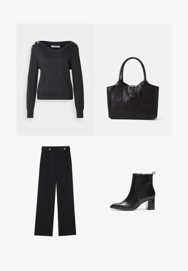 Tummanharmaa neulepaita, jossa on leveä pääntie, pitkät hihat ja koristepainikkeet olkapäällä. Valmistettu pehmeästä kankaasta, jossa on sileä koostumus.; Mustat leveälahkeiset housut, joissa on korkea vyötärö, napit vyötärönauhassa ja etupuolella laskokset.; Musta nahkainen nilkkuri, jossa on pyöreä kärki, keskikorkea paksu korko ja vetoketju takana. Sujuva pinta, minimalistinen muotoilu.; Musta nahkainen olkalaukku, jossa on sileä pinta, ryhdikäs muoto, kaksi kahvaa ja silmienpistävä hopeinen solkiyksityiskohta edessä.
