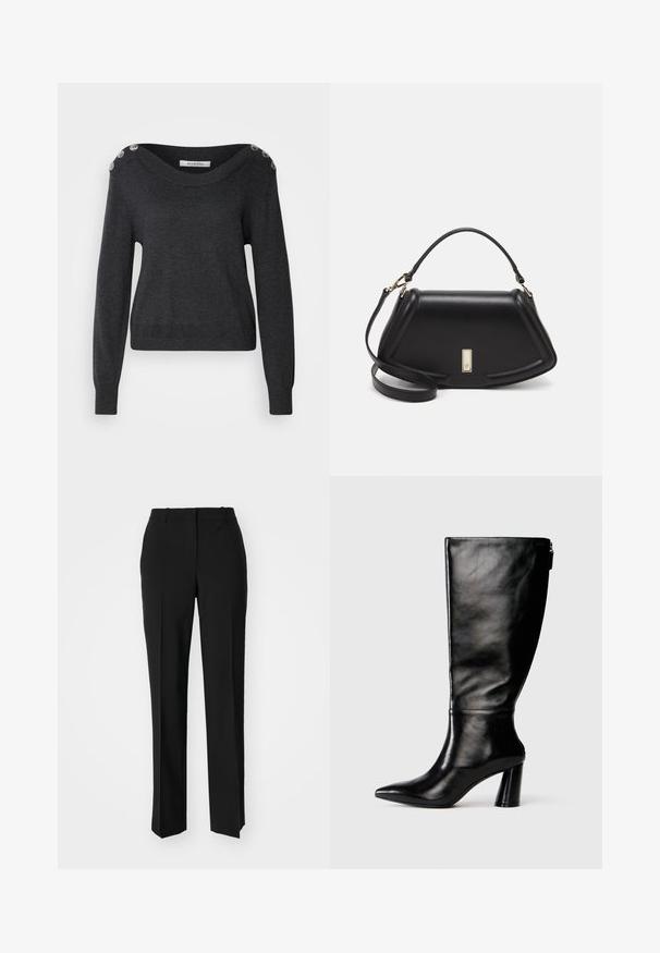 Temno siva pulover s širokim izrezom, dolgimi rokavi in dekorativnimi gumbi na ramenu. Narejen iz mehkega materiala z gladko teksturo.; Črne krojene hlače s direktnim krojem, ki se ponašajo z gladko teksturo in ostrimi pregibi spredaj. Ni vidne kovine.; Črne usnjene škornje do kolen s koničastim nosom, gladko teksturo in debelim peto. Imajo zadrgo na hrbtni strani.; Črna usnjena torbica s strukturnim dizajnom, ki ima skrajšano obliko, zgornji ročaj in zlate dodatke. Vključena je nastavljiva ramenska naramnica.
