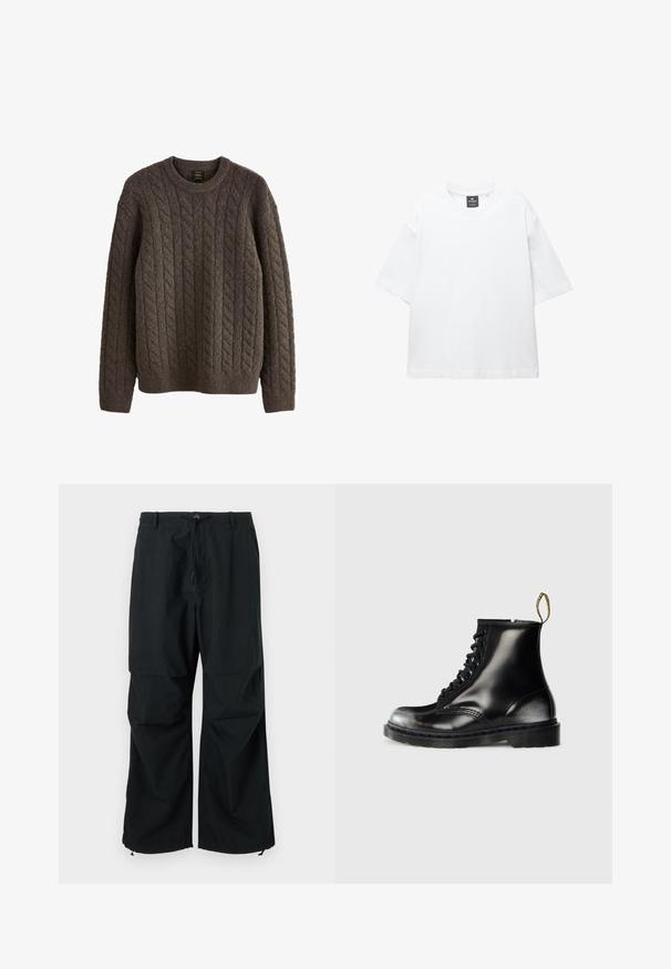 Pull en maille torsadée marron, fabriqué en laine texturée, avec un col rond et de longues manches à bords côtelés et un ourlet côtelé.; T-shirt blanc à manches courtes en coton, avec un col rond et une coupe décontractée àOurlet droit. Sans motifs ni embellissements.; Pantalons larges noirs avec taille à cordon de serrage et ourlets élastiques. Fabriqués en tissu léger et texturé. Design simple.; Bottines noires en cuir avec une finition brillante, huit œillets, lacets noirs et une languette. Elles possèdent une semelle texturée à profil cranté.