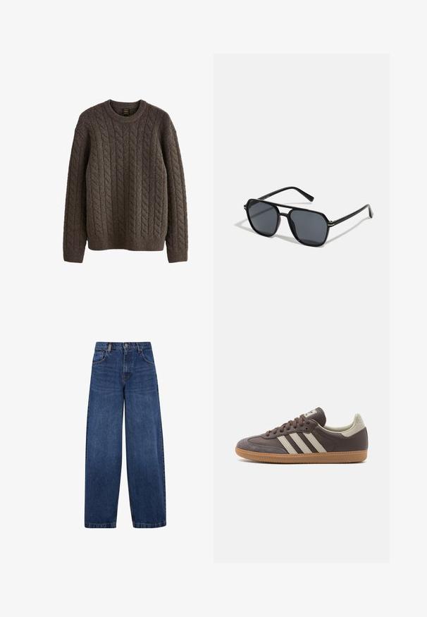 Ruskea kaapelikudottu villapaita, jossa on teksturoitua villaa, pyöreä kaula-aukko ja pitkät hihat, joissa on ribbaatut hihansuut ja helma.; Laineet siniset farkut, joissa on klassinen viiden taskun muotoilu, napitus ja hieman haalistunut pinta. Vahvat ompeluyksityiskohdat.; Ruskeahuiset lenkkarit, joissa on kolme lyhyttä vaaleaa raitaa, kuminen pohja, pyöreä kärki ja teksturoitu mokkanahkakoristelu kannassa ja kärjessä.; Musta aurinkolasit, joissa on oktaalinen kehys, tummat linssit, kiiltävä pinta, ohuet templesit ja kultaiset yksityiskohdat etupuolella.