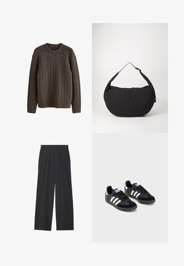 Brown cable-knit sweater made of textured wool, featuring a crew neck and long sleeves with ribbed cuffs and hem.; Wide-leg trousers made of dark gray fabric. Features pleats at the waist, a tailored design, and a straight silhouette.; Black sneakers with a suede and synthetic upper, featuring three white stripes, textured rubber sole, and blue logo tag on the tongue.; Black fabric shoulder bag with a curved shape, featuring a single strap and a zippered closure. Soft texture, minimalist design.