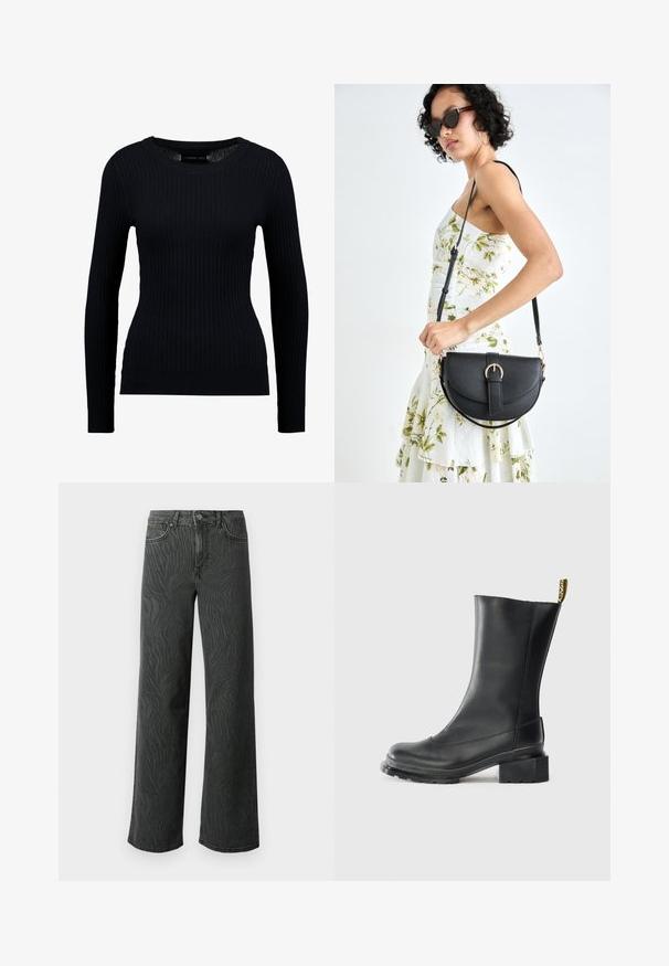 Maglione nero a maniche lunghe con scollatura rotonda e silhouette aderente. La texture è liscia con una leggera elasticità.; Jeans a gamba larga in denim grigio scuro, con una sottile texture a zebra, cuciture a contrasto e design a cinque tasche con chiusura a bottone.; Stivale alla caviglia in pelle nera con tacco a blocco, texture liscia, punta rotonda e linguetta sul tallone con branding giallo.; Borsa a tracolla nera in pelle con una forma curva, manico rimovibile e accessori dorati. La borsa presenta una patta con un dettaglio a fibbia.