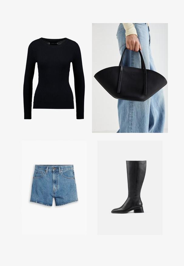 Czarny prążkowany sweter z długim rękawem o okrągłym dekolcie i dopasowanym kroju. Tekstura jest gładka z delikatnym rozciągnięciem.; Jasnoniebieskie szorty dżinsowe z pięcioma kieszeniami, z zamkiem błyskawicznym i zapięciem na guzik. Rant jest postrzępiony, a krój jest luźny.; Czarne skórzane botki do kolan z okrągłym noskiem i niskim, blokowym obcasem. Charakteryzują się gładką teksturą i minimalnymi detalami szycia.; Czarna skórzana torebka w unikalnym kształcie wachlarza, z płaskimi uchwytami. Powierzchnia ma fakturę kamyków i minimalistyczny design.