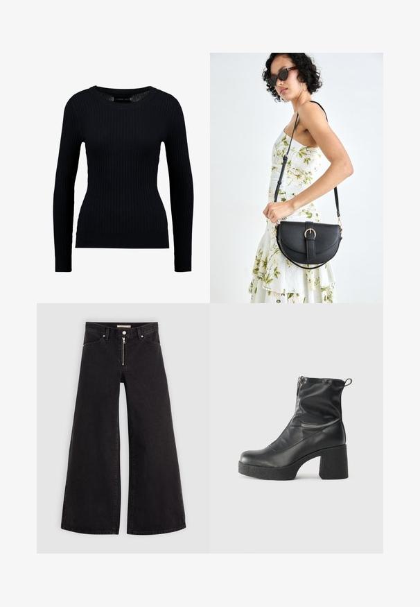 Svart ribbad långärmad tröja med rund halsringning och figurnära silhuett. Texturen är slät med en subtil stretch genom hela plagget.; Breda jeans i svart denim med dragkedja fram, femfickorsdesign och subtila sömdetaljer. Slät textur och avslappnad stil.; Svarta ankelstövlar i slitstark läder, med sidodragkedja, kraftig strukturerad klack och rundad tådesign.; Svart läderhandväska med en böjd form, avtagbar rem och guldiga detaljer. Väskan har ett lock med en spänndetalj.