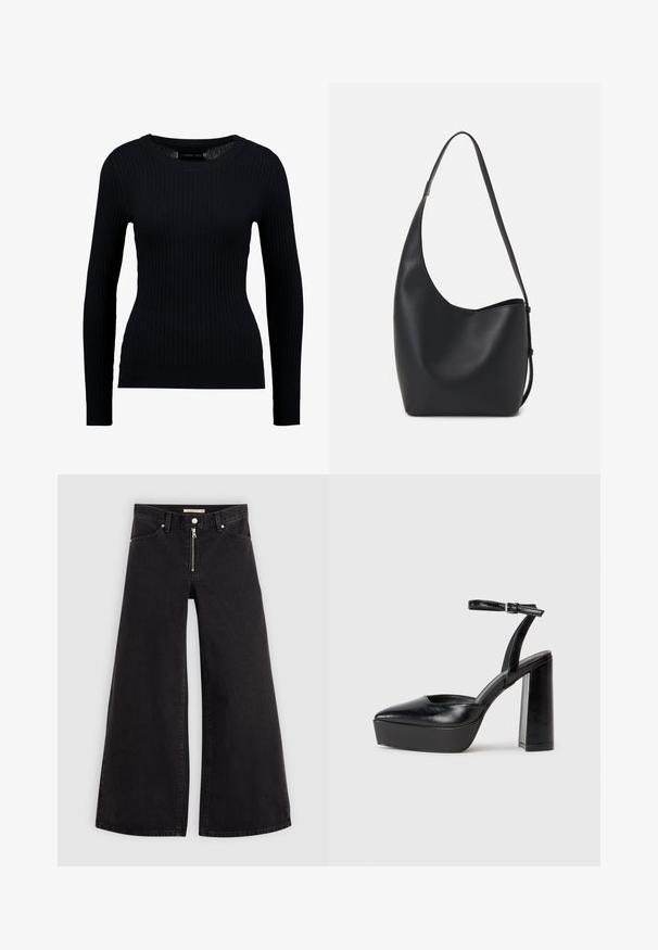 Czarny prążkowany sweter z długim rękawem o okrągłym dekolcie i dopasowanym kroju. Tekstura jest gładka z delikatnym rozciągnięciem.; Jeans o szerokich nogawkach w czarnym denienie z zamkiem błyskawicznym z przodu, pięcioma kieszeniami i subtelnymi detalami przeszycia. Gładka tekstura i swobodny styl.; Czarne platformy na wysokim obcasie z szpiczastym noskiem i regulowanym paskiem na kostkę. Wykonane z gładkiej skóry, z grubym słupkowym obcasem.; Czarna skórzana torba hobo o gładkiej fakturze, zaokrąglonym kształcie i pojedynczym, regulowanym pasku; posiada szerokie otwarcie na górze.